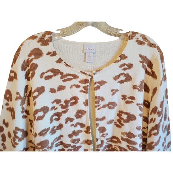 CHICO'S 2 Women 12 14 Charlee Cardigan Sweater Cheetah Cream Beige Crochet 40" - Picture 2 of 7